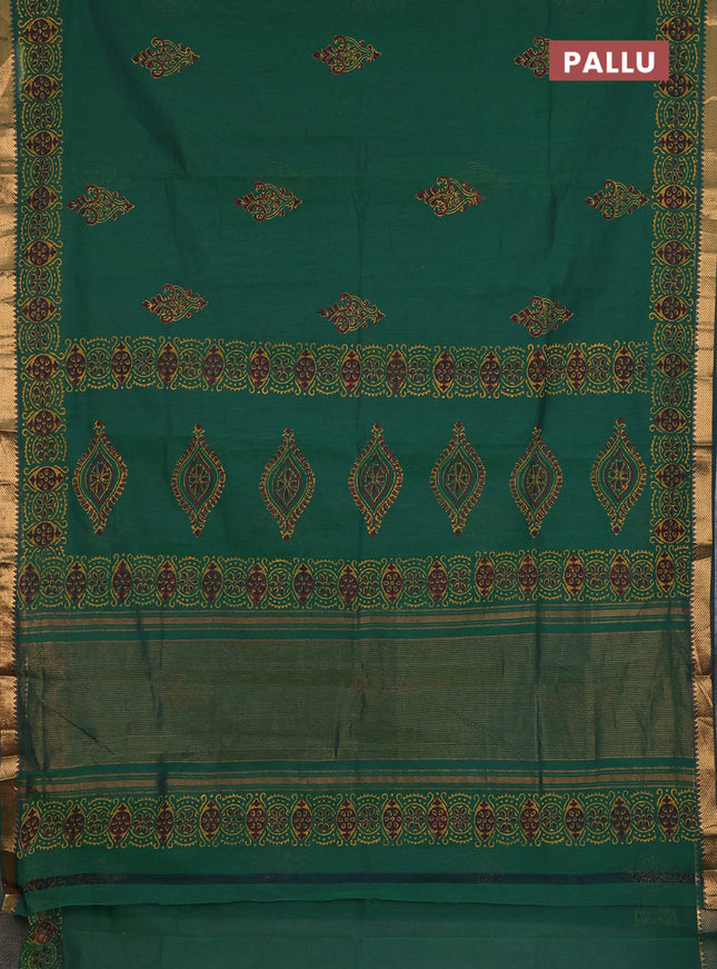 Mangalagiri cotton block printed saree green with butta prints and mangalgiri border