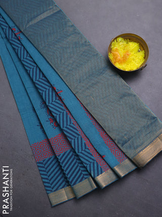 Mangalagiri cotton block printed saree peacock blue shade with butta prints and mangalgiri border
