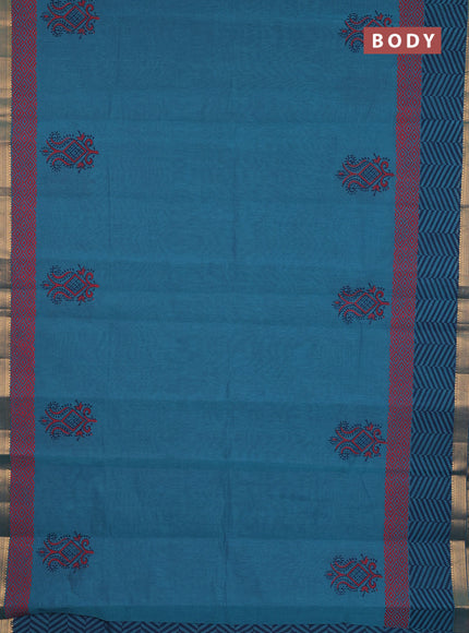 Mangalagiri cotton block printed saree peacock blue shade with butta prints and mangalgiri border