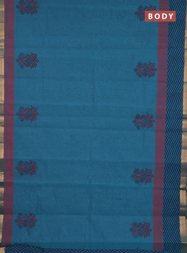 Mangalagiri cotton block printed saree peacock blue shade with butta prints and mangalgiri border