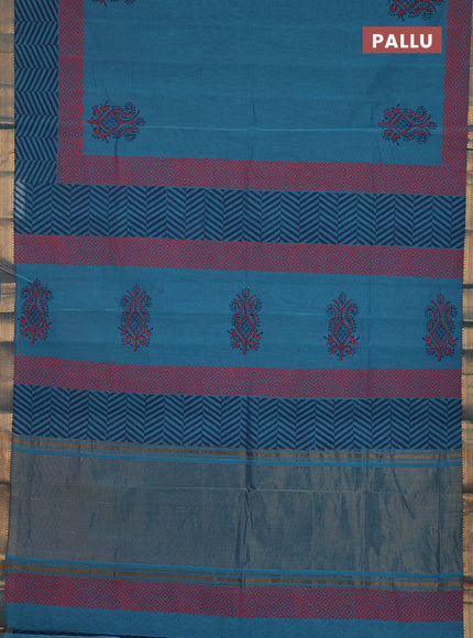 Mangalagiri cotton block printed saree peacock blue shade with butta prints and mangalgiri border