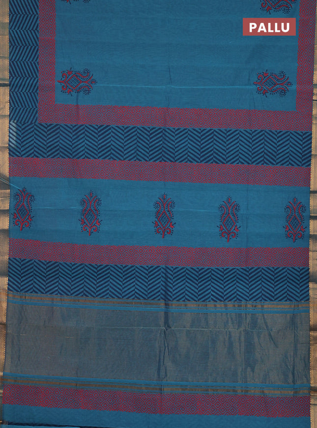 Mangalagiri cotton block printed saree peacock blue shade with butta prints and mangalgiri border