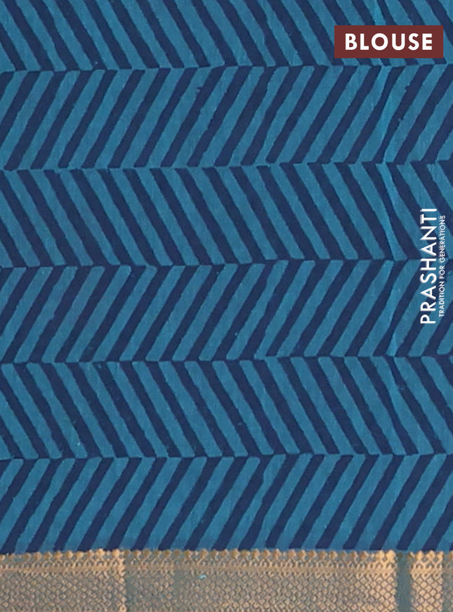 Mangalagiri cotton block printed saree peacock blue shade with butta prints and mangalgiri border