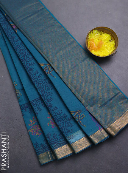 Mangalagiri cotton block printed saree peacock green with butta prints and mangalgiri border