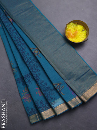 Mangalagiri cotton block printed saree peacock green with butta prints and mangalgiri border