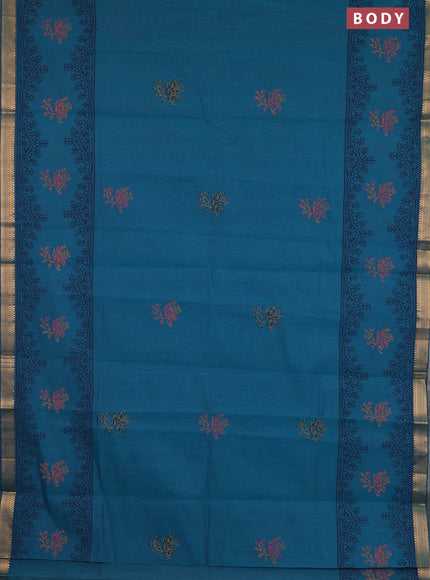 Mangalagiri cotton block printed saree peacock green with butta prints and mangalgiri border