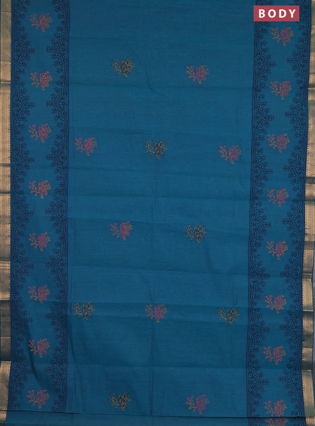 Mangalagiri cotton block printed saree peacock green with butta prints and mangalgiri border
