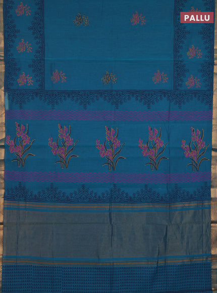 Mangalagiri cotton block printed saree peacock green with butta prints and mangalgiri border