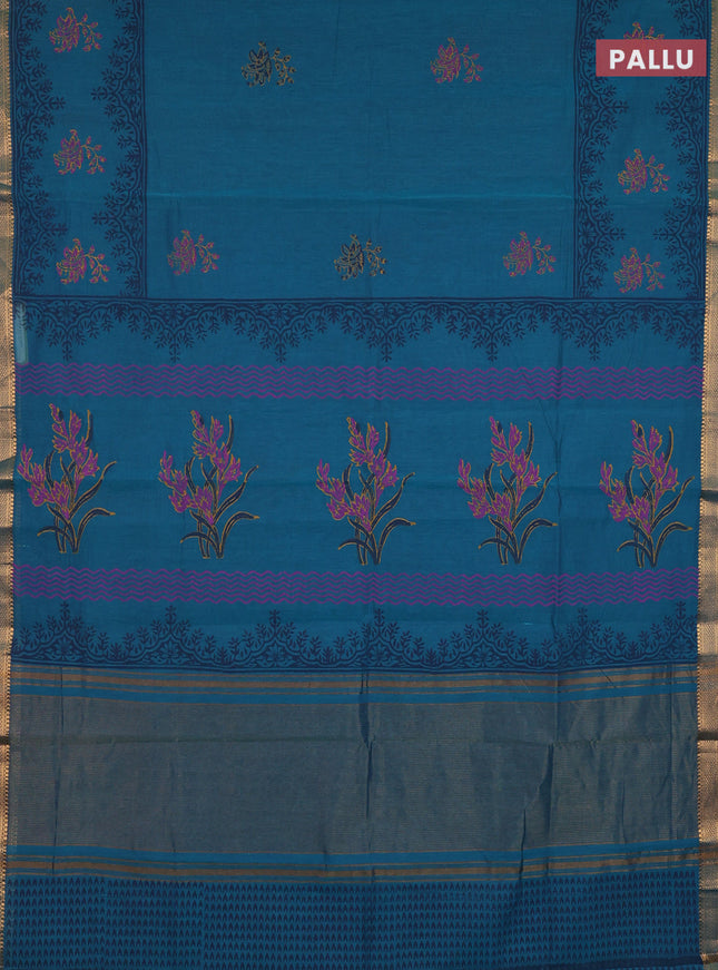 Mangalagiri cotton block printed saree peacock green with butta prints and mangalgiri border
