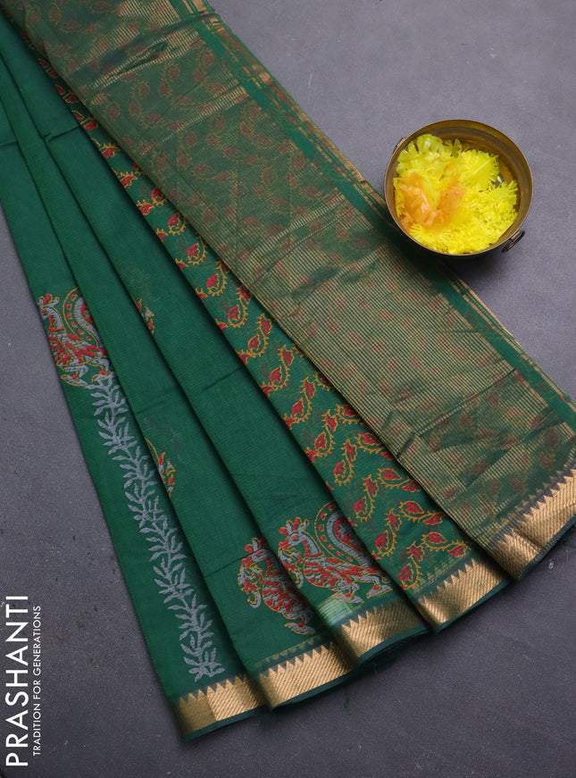 Mangalagiri cotton block printed saree green with annam butta prints and mangalgiri border