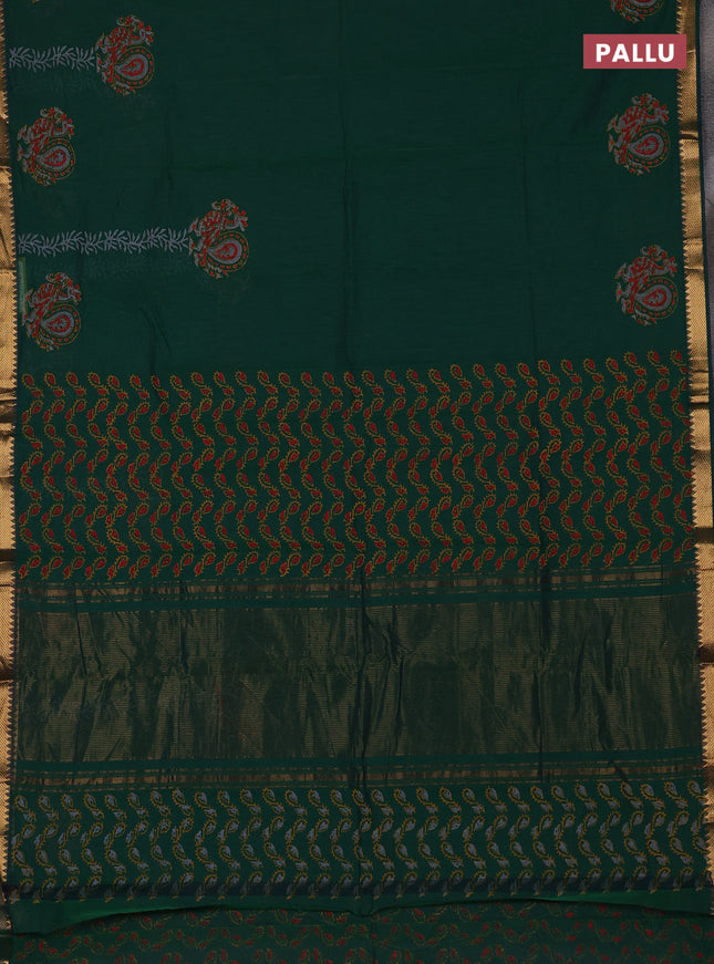 Mangalagiri cotton block printed saree green with annam butta prints and mangalgiri border
