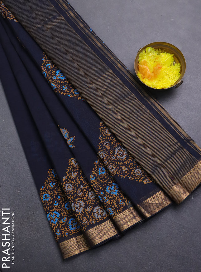 Mangalagiri cotton block printed saree black with butta prints and mangalgiri border