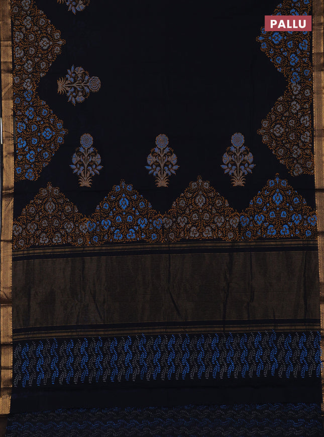 Mangalagiri cotton block printed saree black with butta prints and mangalgiri border
