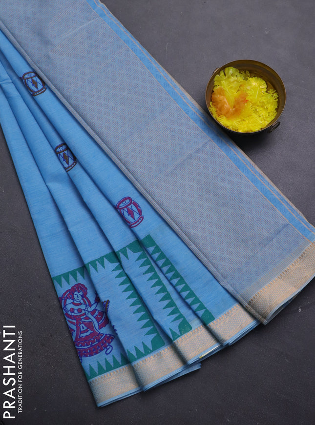 Mangalagiri cotton block printed saree light blue with butta prints and mangalgiri border