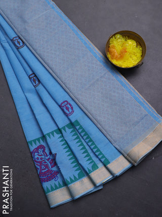 Mangalagiri cotton block printed saree light blue with butta prints and mangalgiri border