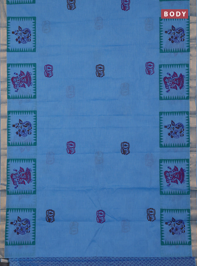 Mangalagiri cotton block printed saree light blue with butta prints and mangalgiri border