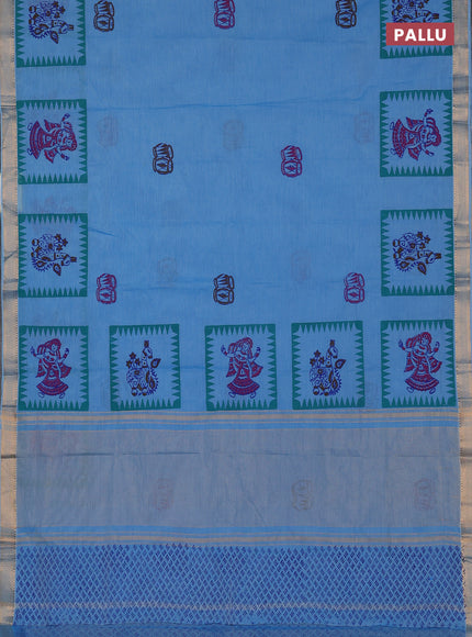 Mangalagiri cotton block printed saree light blue with butta prints and mangalgiri border