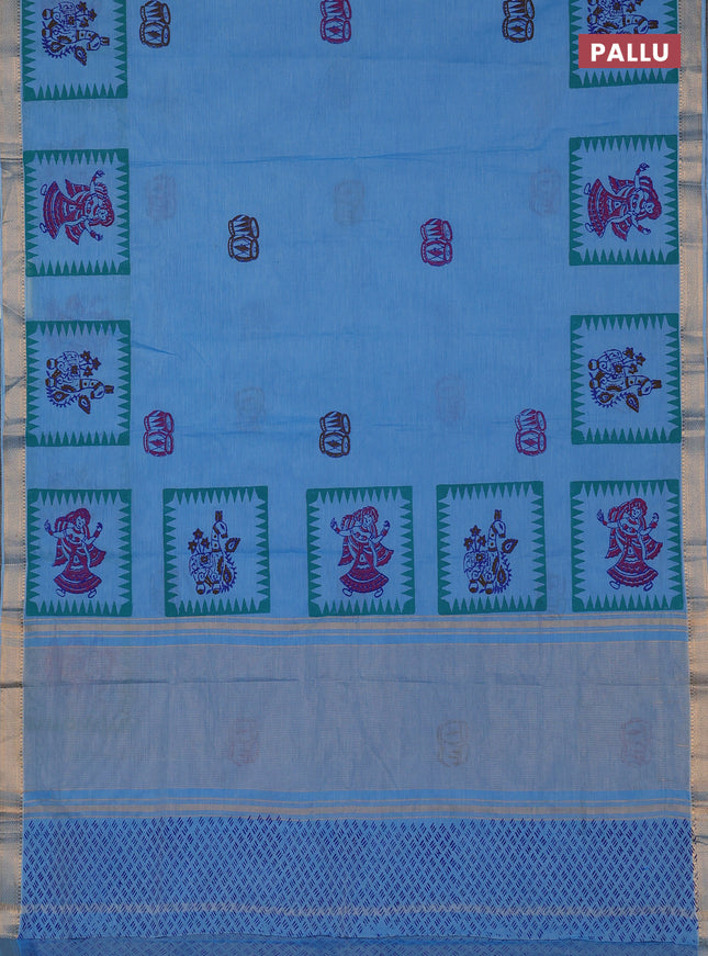 Mangalagiri cotton block printed saree light blue with butta prints and mangalgiri border