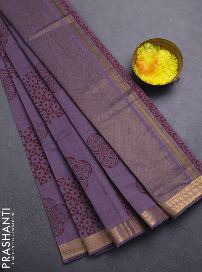 Mangalagiri cotton block printed saree pastel purple with allover prints and mangalgiri border