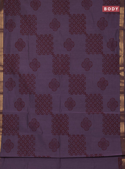 Mangalagiri cotton block printed saree pastel purple with allover prints and mangalgiri border