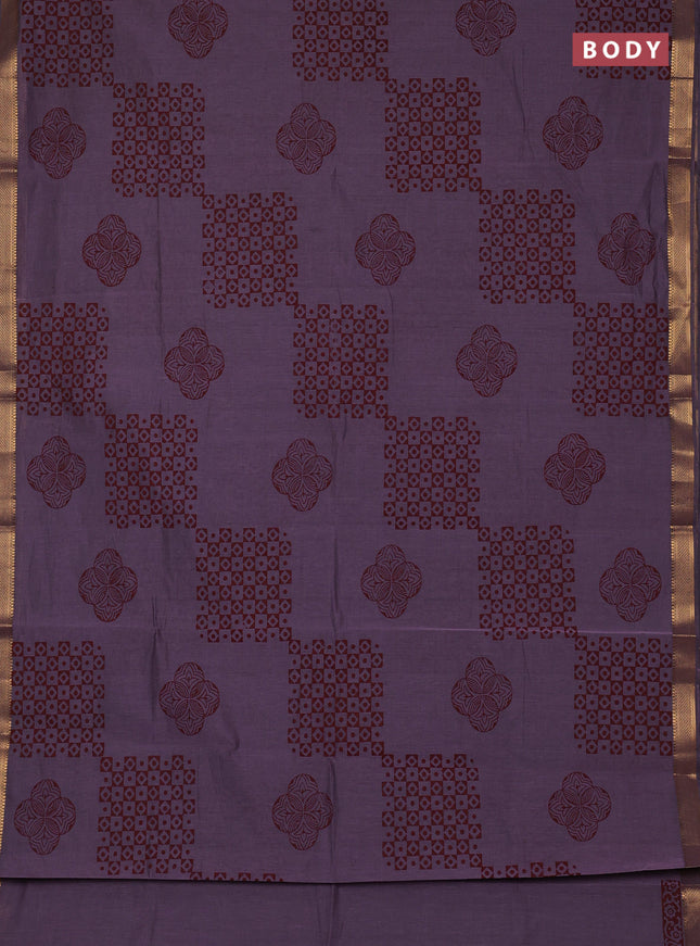Mangalagiri cotton block printed saree pastel purple with allover prints and mangalgiri border