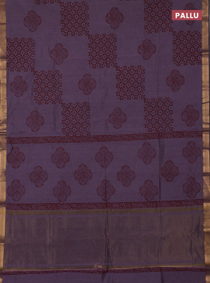 Mangalagiri cotton block printed saree pastel purple with allover prints and mangalgiri border