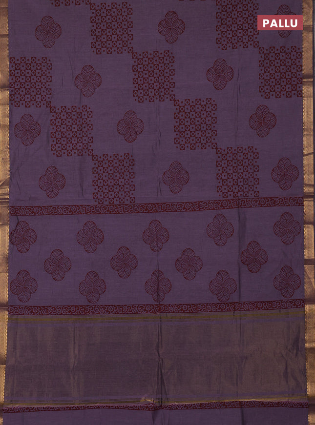 Mangalagiri cotton block printed saree pastel purple with allover prints and mangalgiri border