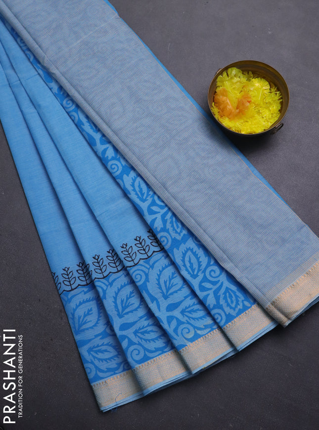 Mangalagiri cotton block printed saree light blue with butta prints and mangalgiri border