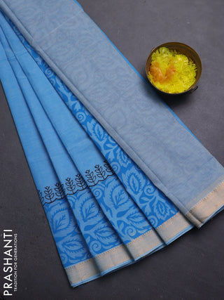 Mangalagiri cotton block printed saree light blue with butta prints and mangalgiri border