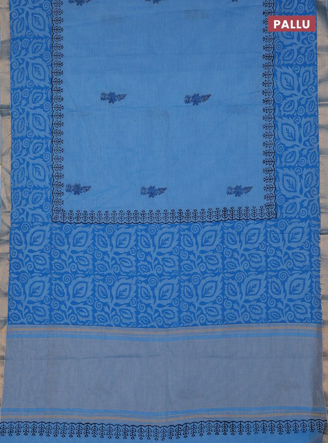 Mangalagiri cotton block printed saree light blue with butta prints and mangalgiri border