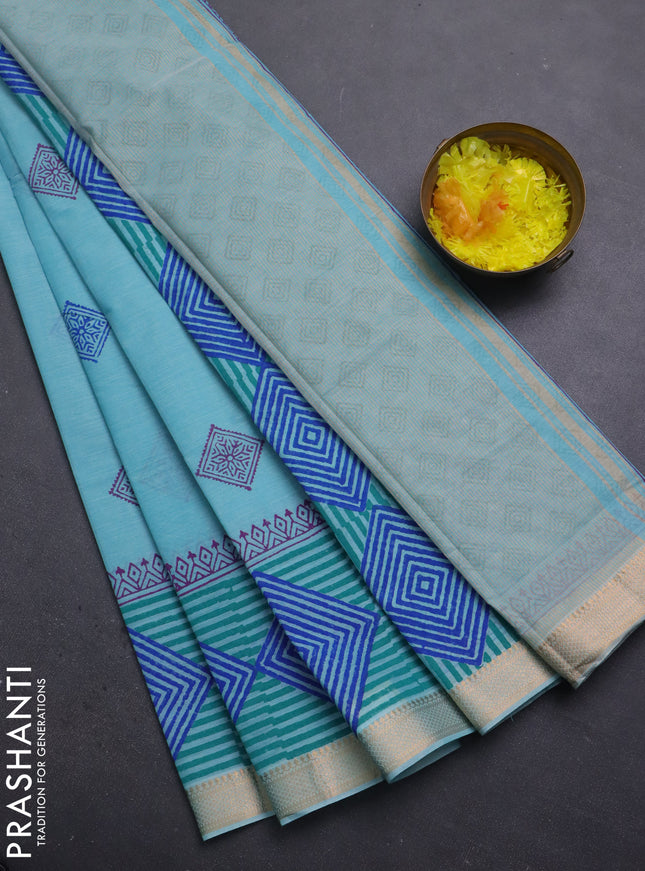 Mangalagiri cotton block printed saree teal blue with butta prints and mangalgiri border