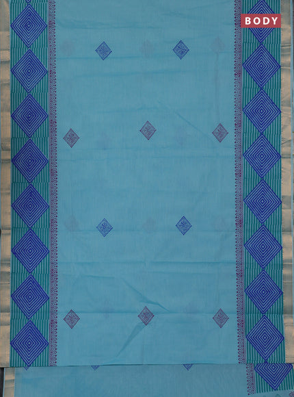 Mangalagiri cotton block printed saree teal blue with butta prints and mangalgiri border