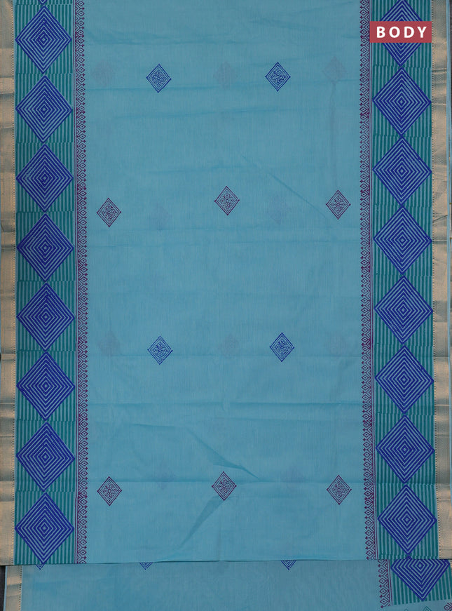 Mangalagiri cotton block printed saree teal blue with butta prints and mangalgiri border
