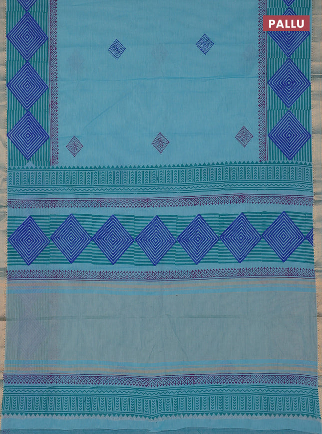 Mangalagiri cotton block printed saree teal blue with butta prints and mangalgiri border