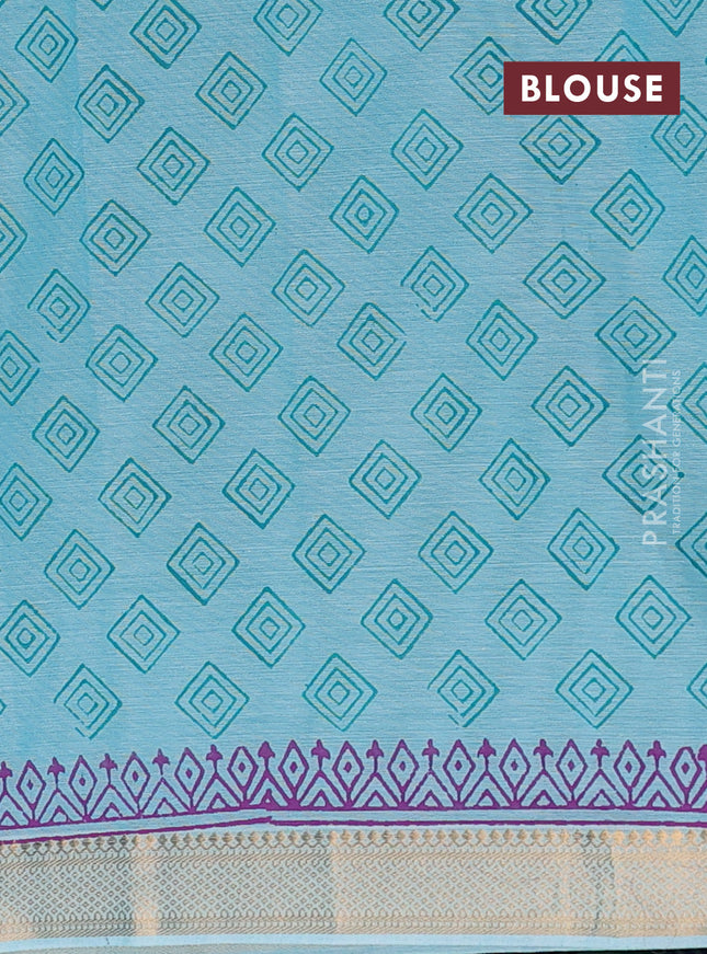 Mangalagiri cotton block printed saree teal blue with butta prints and mangalgiri border