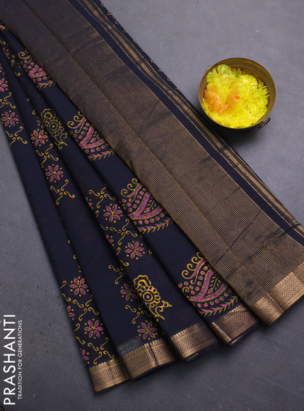 Mangalagiri cotton block printed saree deep navy blue with allover prints and mangalgiri border