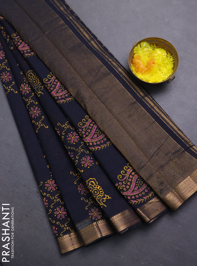 Mangalagiri cotton block printed saree deep navy blue with allover prints and mangalgiri border