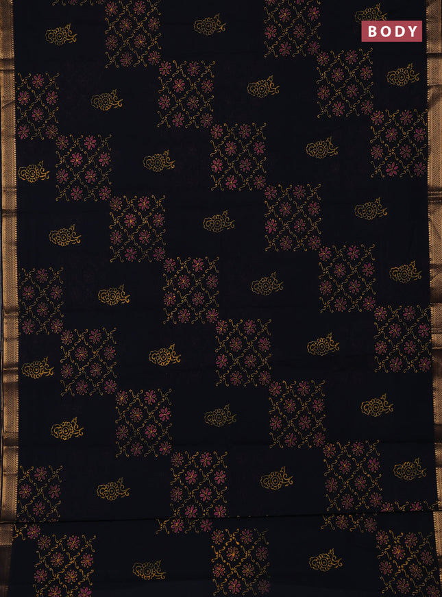 Mangalagiri cotton block printed saree deep navy blue with allover prints and mangalgiri border