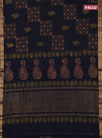 Mangalagiri cotton block printed saree deep navy blue with allover prints and mangalgiri border