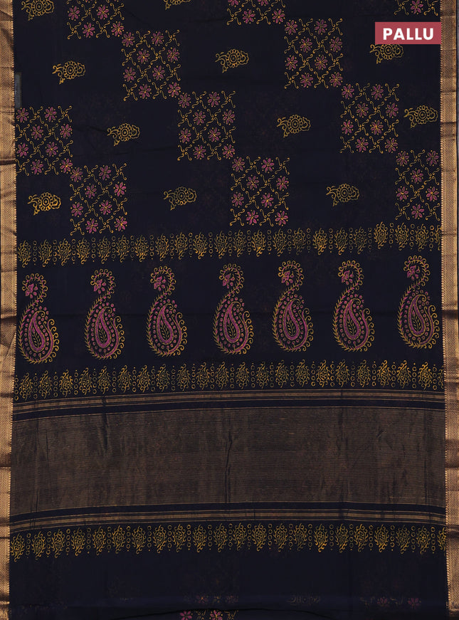 Mangalagiri cotton block printed saree deep navy blue with allover prints and mangalgiri border