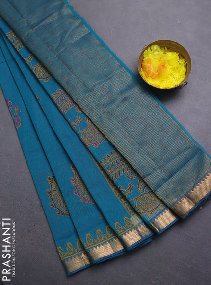Mangalagiri cotton block printed saree peacock green with annam butta prints and mangalgiri border