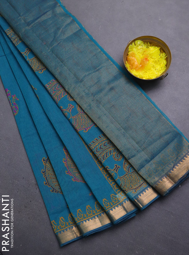 Mangalagiri cotton block printed saree peacock green with annam butta prints and mangalgiri border
