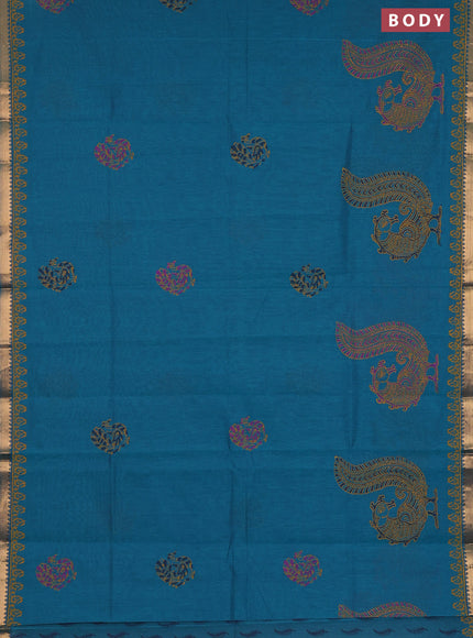 Mangalagiri cotton block printed saree peacock green with annam butta prints and mangalgiri border