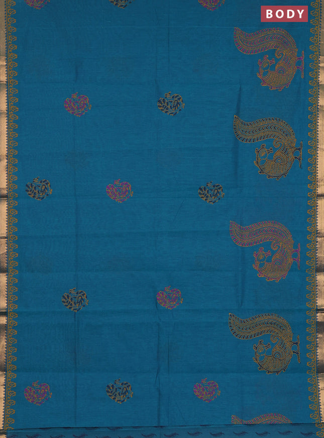 Mangalagiri cotton block printed saree peacock green with annam butta prints and mangalgiri border