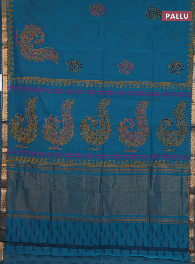Mangalagiri cotton block printed saree peacock green with annam butta prints and mangalgiri border