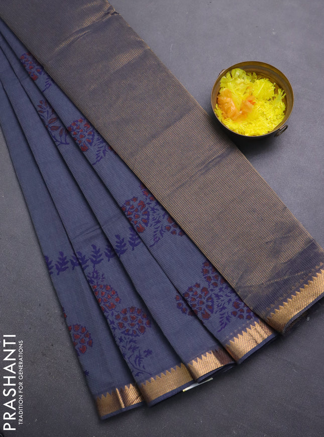 Mangalagiri cotton block printed saree dark grey with butta prints and mangalgiri border
