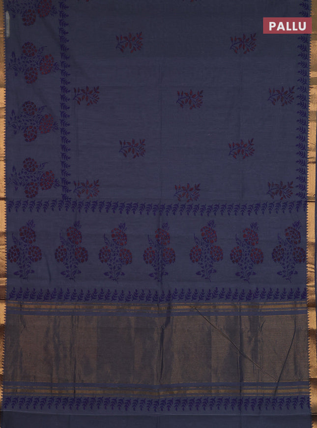 Mangalagiri cotton block printed saree dark grey with butta prints and mangalgiri border