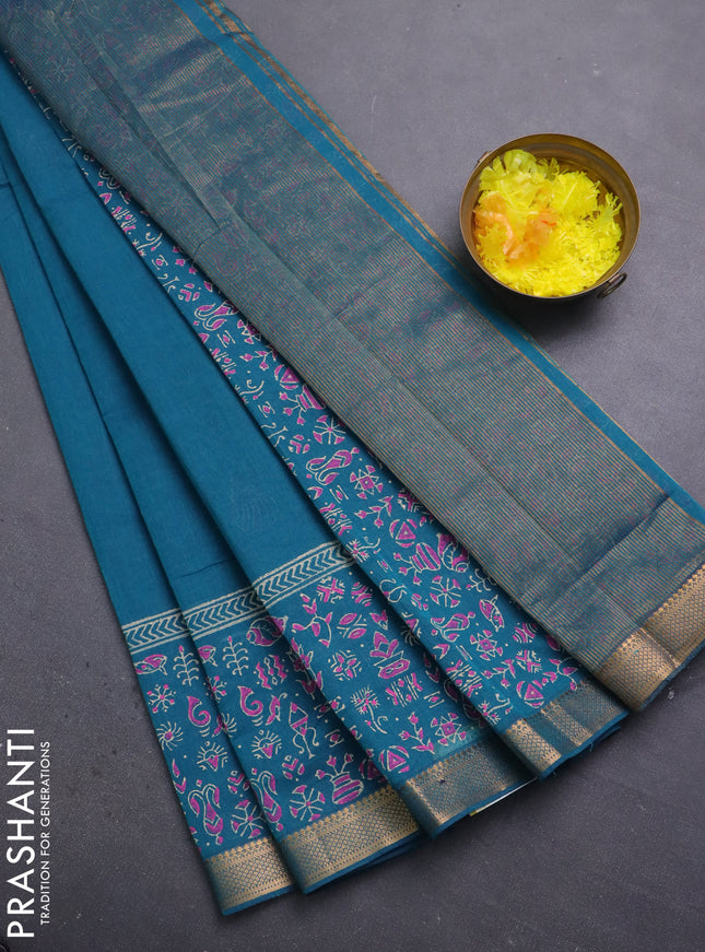 Mangalagiri cotton block printed saree peacock green with butta prints and mangalgiri border