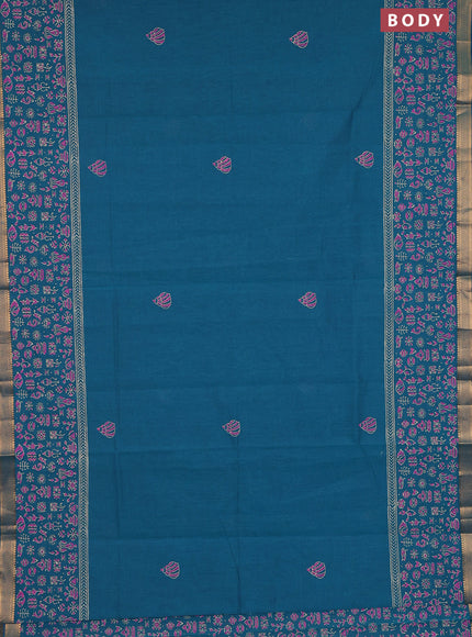 Mangalagiri cotton block printed saree peacock green with butta prints and mangalgiri border