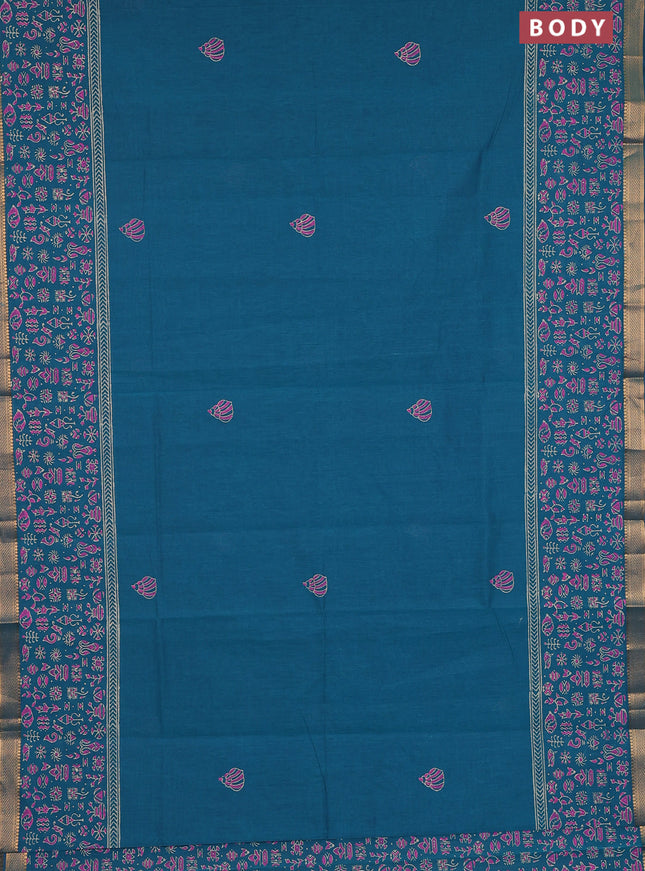 Mangalagiri cotton block printed saree peacock green with butta prints and mangalgiri border